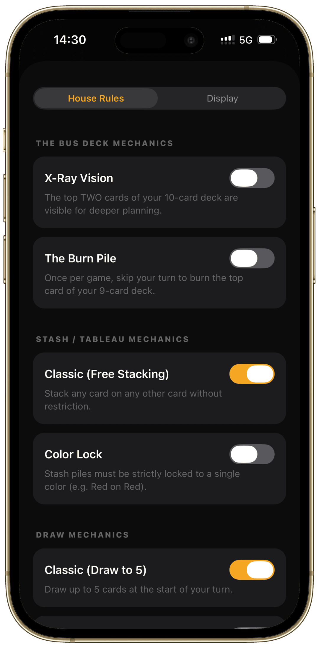 Bus deck and stash house rule toggles