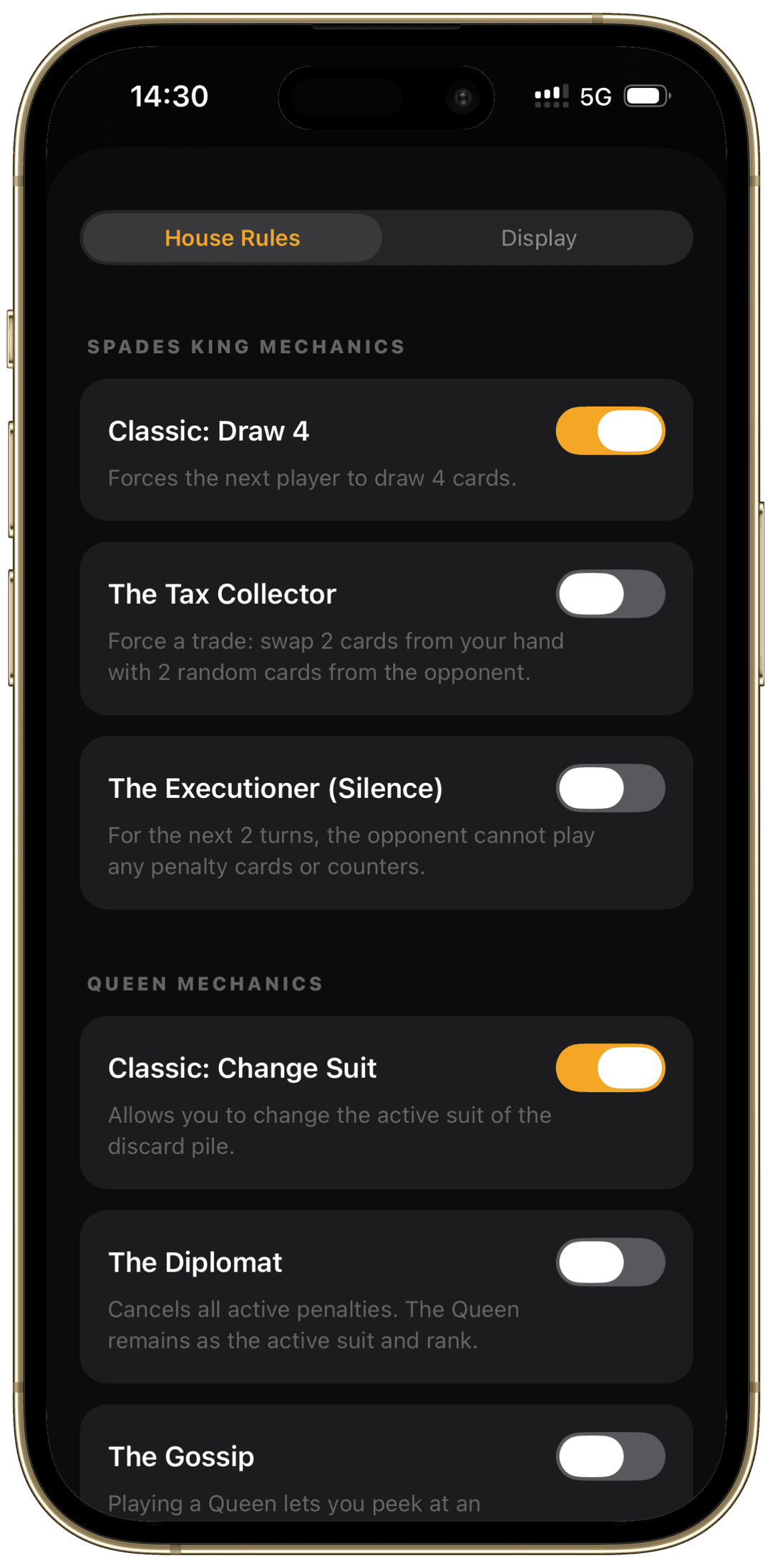 Spades King and Queen house rule toggles